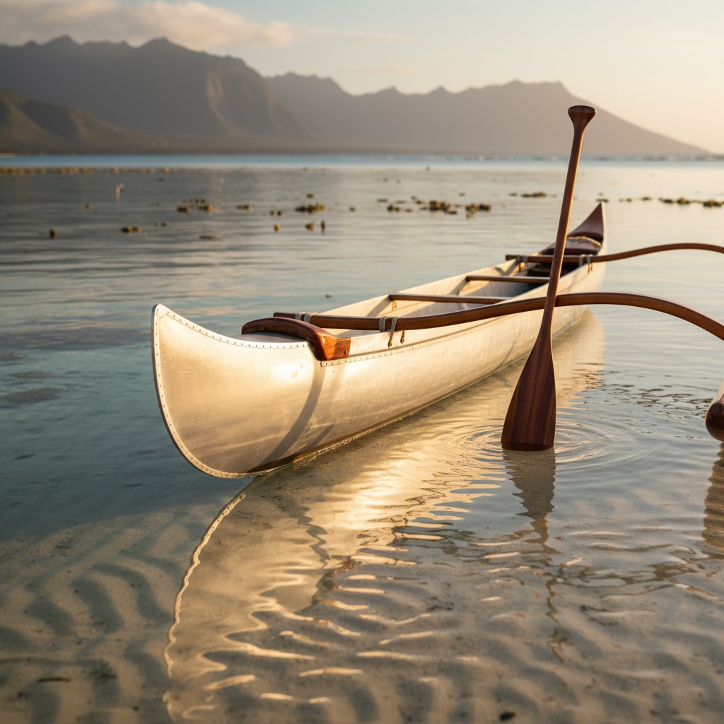A white canoe with a wooden paddle protruding out of it, resting on a sandy beach near a body of water, with mountains in ...