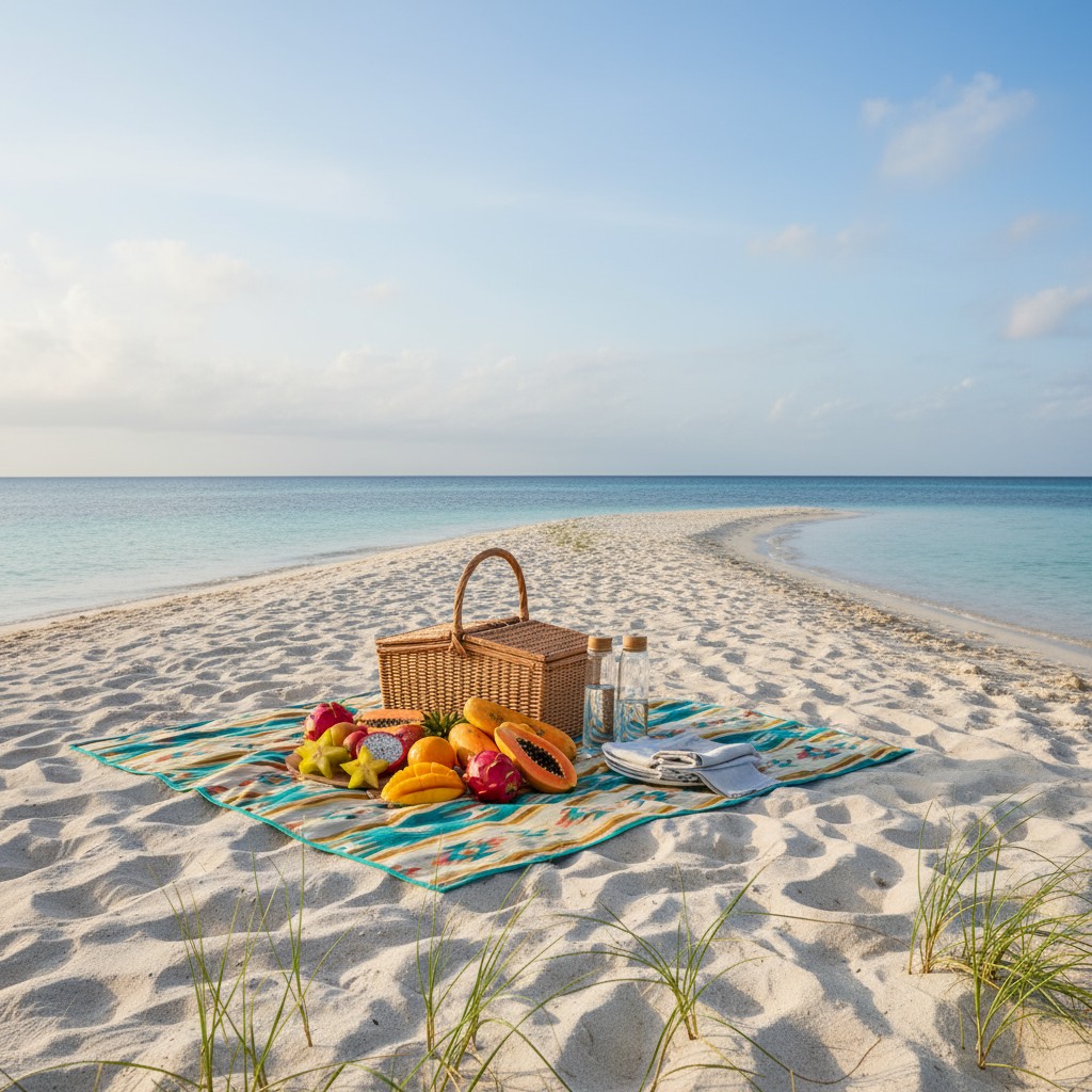 A beige sandy beach with some green grass growing in the sand, with a picnic blanket featuring an abstract teardrop patter...