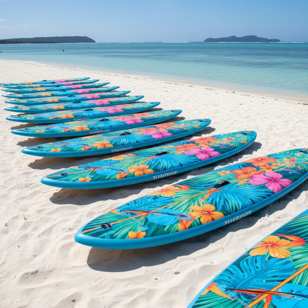 A row of vibrant, patterned surfboards laid out on a beach, facing the water's edge. Multicolor floral designs are display...