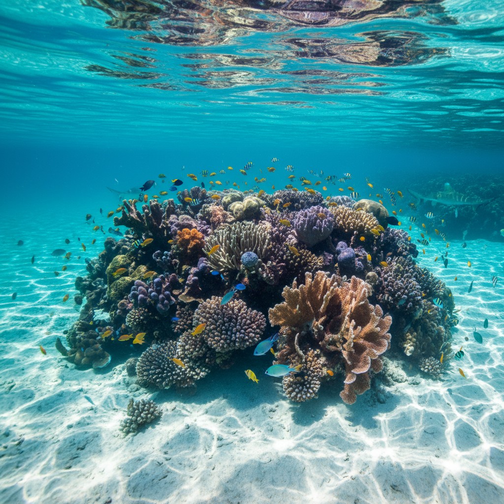 Beautiful location of a coral reef in a sea in the blue ocean with fish with a sandy bottom, vibrant ecosystem, environmen...